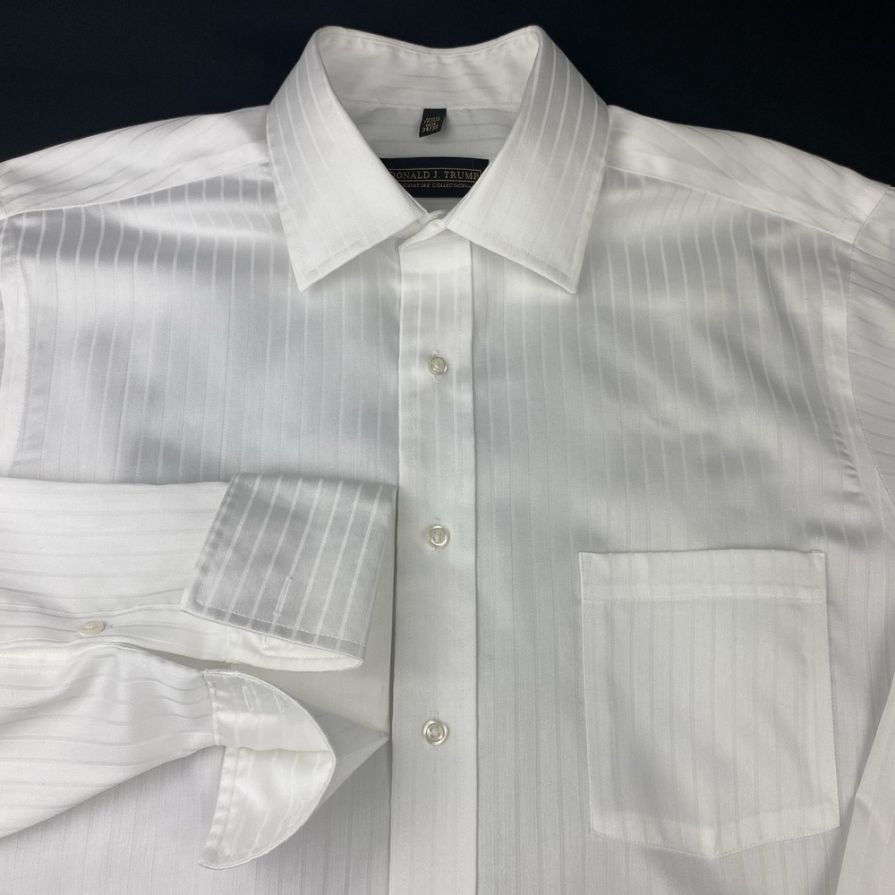 Donald J. Trump Dress Shirt Mens 16.5-34/35 Ivory Pinstripe French Cuffs No Iron